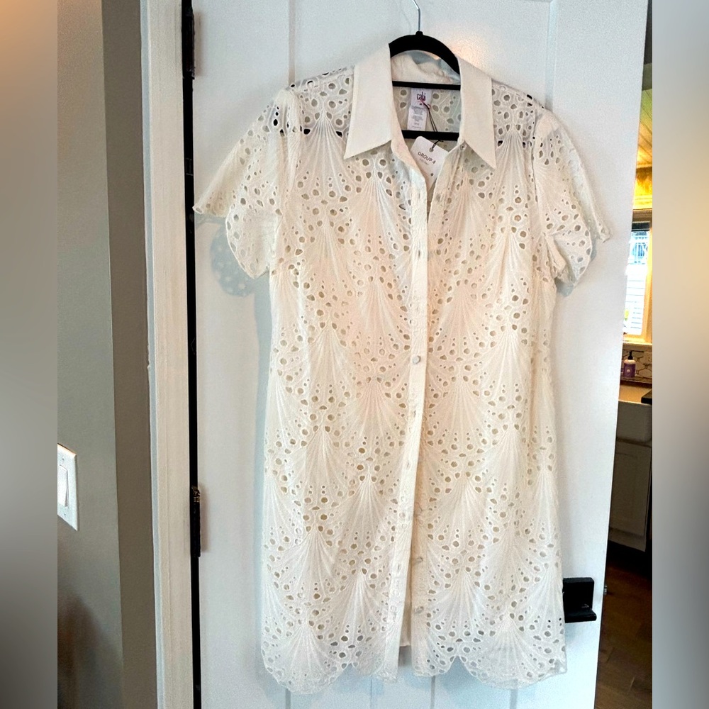 Cabi White Eyelet Button Down Shirtdress with Slip 6942 Womens Medium Cotton